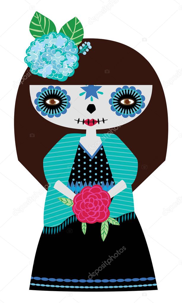 Vector illustration of whimsical day of the dead Catrina doll in blue colors