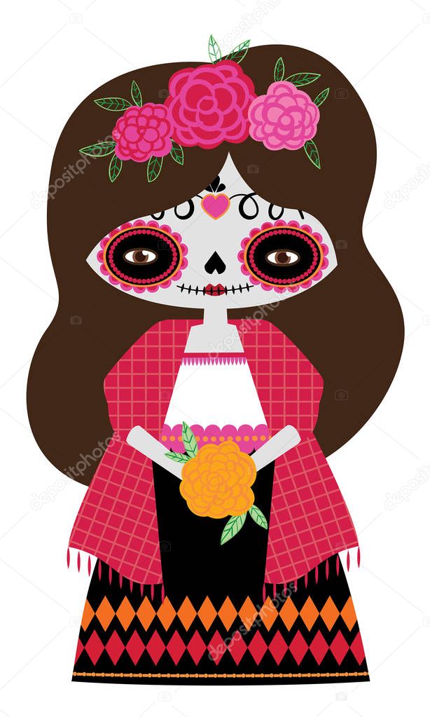 Whimsical day of the dead Catrina doll in red colors