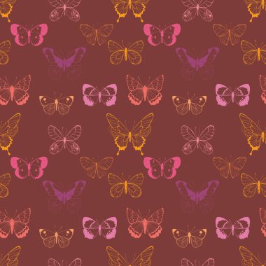Rengarenk uçan kelebek desensiz arka plan. Tekstil tasarımı, moda baskıları, kağıt arkaplan ve talep ürünleri üzerine baskı için mükemmel.