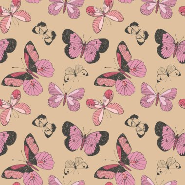 Rengarenk uçan kelebek desensiz arka plan. Tekstil tasarımı, moda baskıları, kağıt arkaplan ve talep ürünleri üzerine baskı için mükemmel.