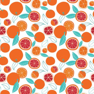 Rengarenk portakallar, rastgele dağılmış mandalinalar, yarı yarıya, beyaz arka planda pürüzsüz desenler. Kumaş, tekstil tasarımı, moda baskıları, yoga kıyafetleri, kağıt arkaplan, talep ürünleri üzerine baskı.