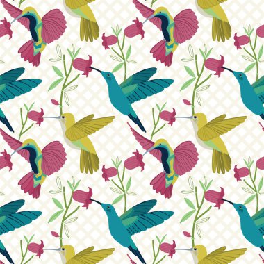 Renkli sinekkuşlarının vektör renginde pürüzsüz desen. Talep ürünleri üzerinde kumaş, tekstil, duvar kağıdı ve baskı için ideal.