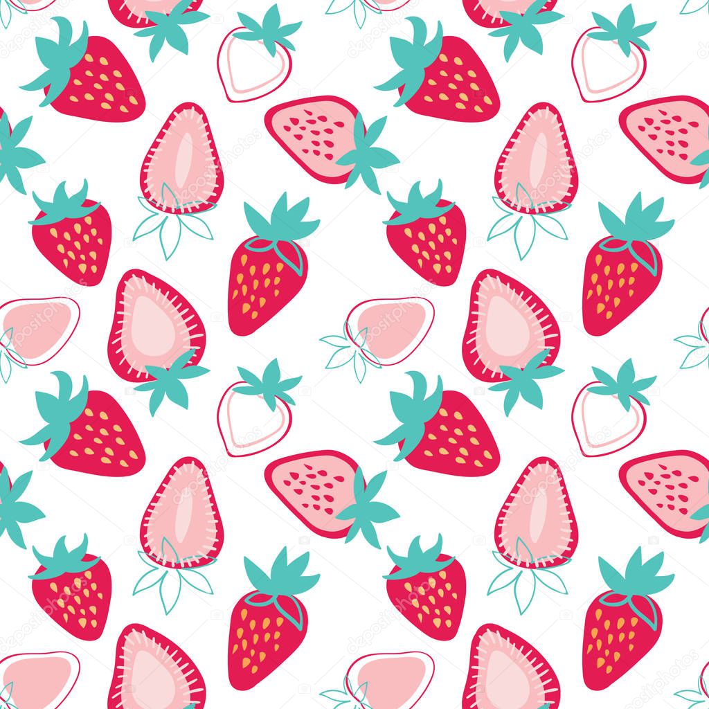 Vector fun colorful strawberries, halved and full, seamless pattern on white background. Use for fabrics, textile design, fashion prints, yoga outfits, print on demand products.