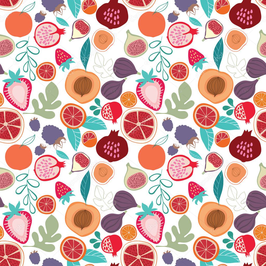 Vector fun colorful oranges, tangerines, figs, strawberries, pomegranate, peaches, scattered randomly, halved and full, seamless pattern on white background. Use for fabrics, textile design, fashion prints, yoga outfits, print on demand products.
