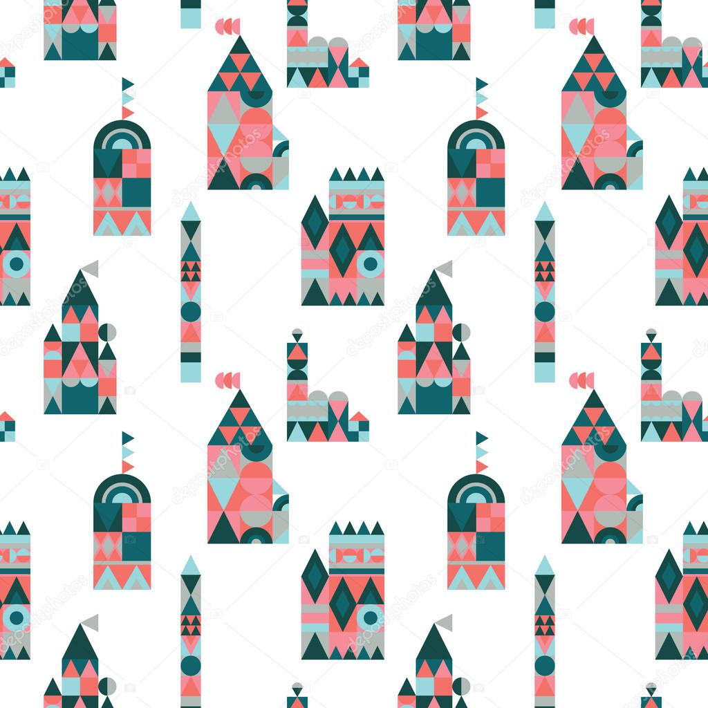 Vector colorful village seamless pattern background. Perfect for textiles, fashion prints, paper backgrounds, sationery and print on demand products