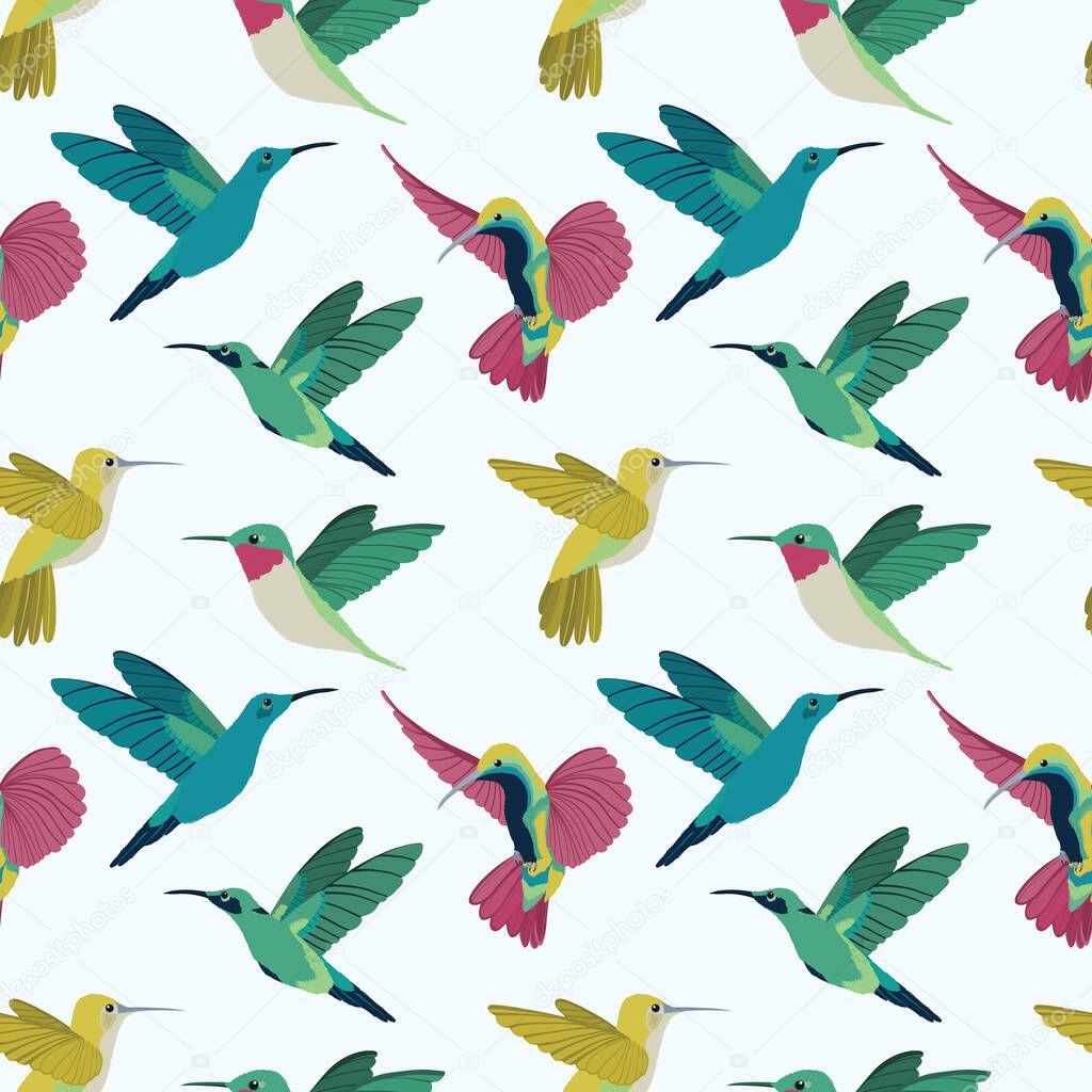 Vector colorful hummingbirds seamless pattern on color background. Ideal for fabric, textiles, wallpaper and print on demand products.