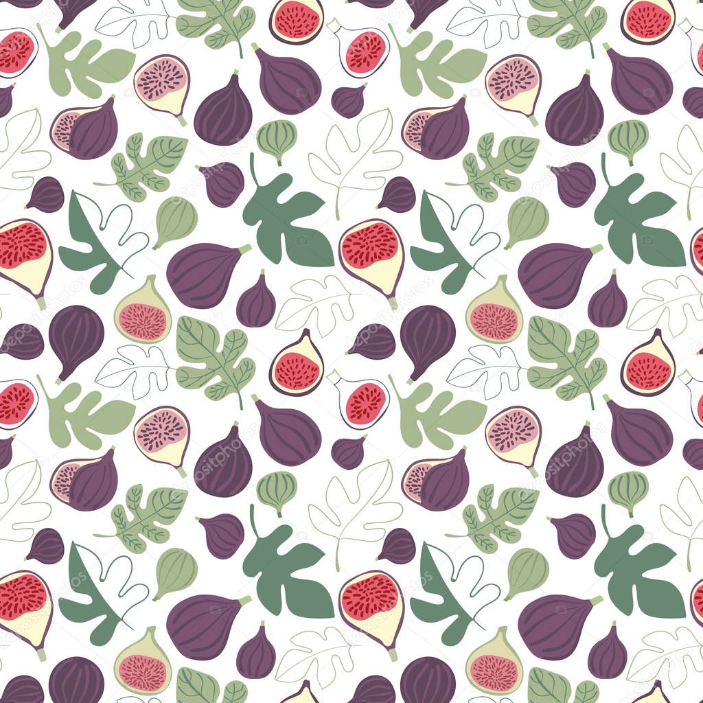 Vector fun colorful figs scattered randomly, halved and full, seamless pattern on white background. Use for fabrics, textile design, fashion prints, yoga outfits, paper backgrounds,print on demand products.