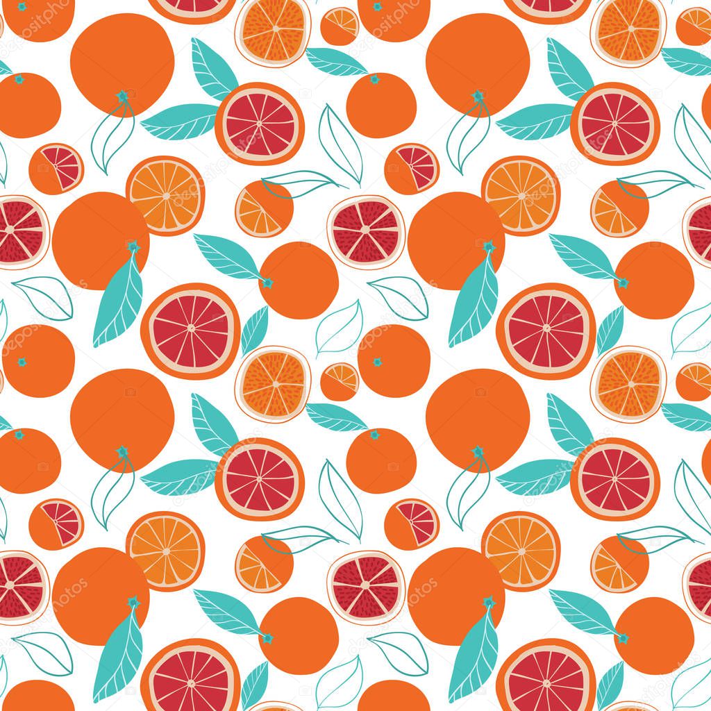 Vector fun colorful oranges, tangerines scattered randomly, halved and full, seamless pattern on white background. Use for fabrics, textile design, fashion prints, yoga outfits, paper backgrounds,print on demand products.