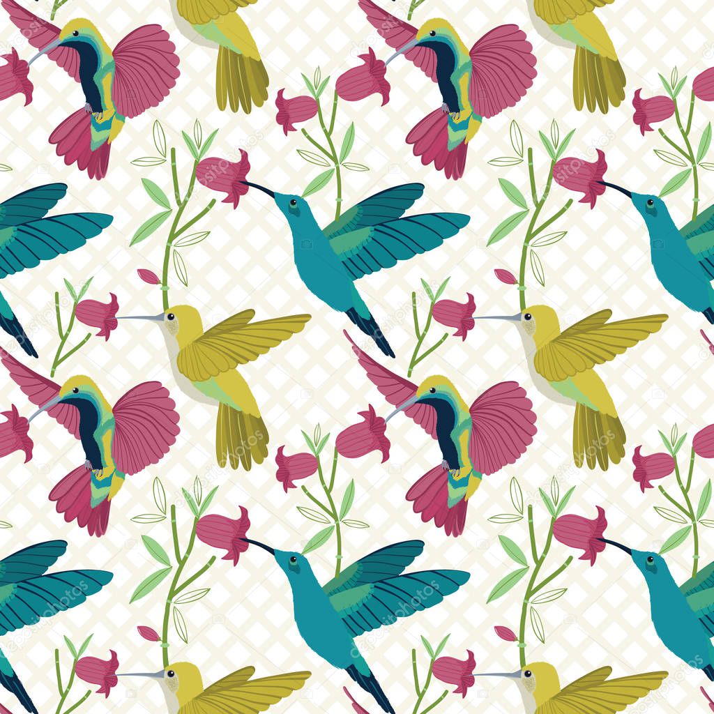 Vector colorful hummingbirds seamless pattern on color background. Ideal for fabric, textiles, wallpaper and print on demand products.