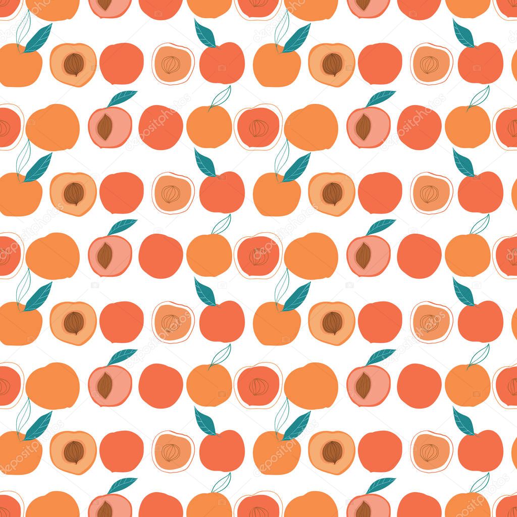 Vector fun colorful peaches in rows, horizontal, seamless pattern on white background. Use for fabrics, textile design, fashion prints, yoga outfits, paper backgrounds,print on demand products.