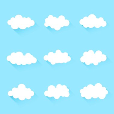 Mavi arkaplan vektörü nesnesinde beyaz kabarık bulutlar simgesi ayarlandı