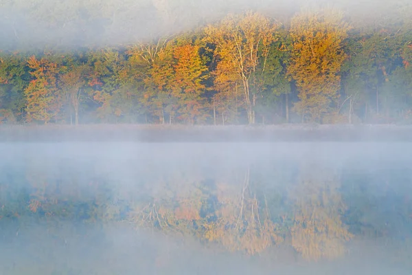 Mglisty Jesienny Krajobraz Linii Brzegowej Deep Lake Odbiciami Odbitymi Spokojnej — Zdjęcie stockowe