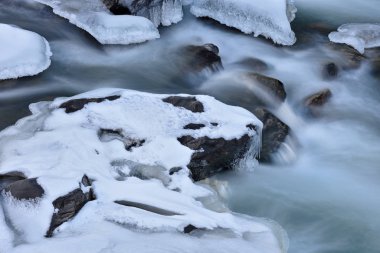 Clear Creek 'in kış manzarası hareket bulanıklığı, Rocky Dağları, Colorado, ABD