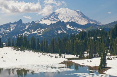 Early spring landscape of Tipsoo Lake and snow and glacier clad Mt. Ranier, Mt. Ranier National Park, Washington, USA