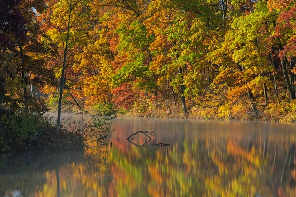 Autumn Landscape Foggy Shoreline Eagle Lake Mirrored Reflections Calm Water — Stock Photo, Image