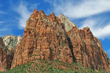 Dağlardan, ağaçlardan ve uçurumlardan oluşan Rocky ilkbahar manzarası, Zion Ulusal Parkı, Utah, ABD
