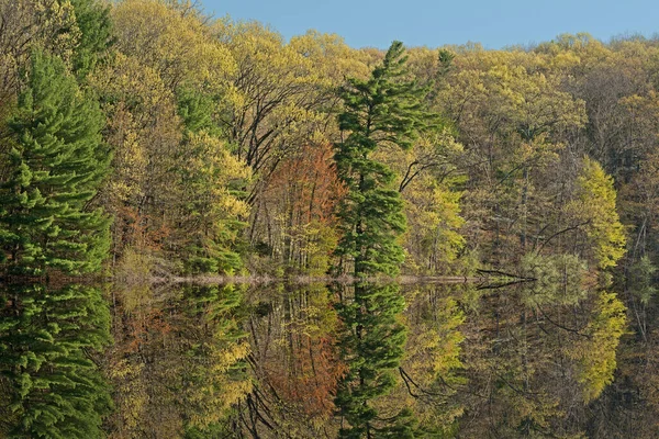 Spring Landscape Shoreline Hall Lake Mirrored Reflections Calm Water Yankee — Stock Photo, Image