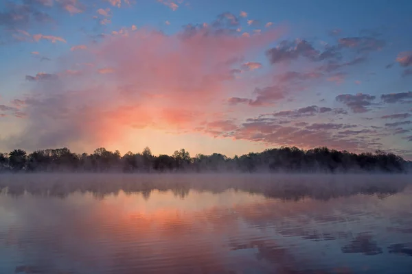 Foggy Landscape Dawn Whitford Lake Reflections Calm Water Fort Custer — Stock Photo, Image