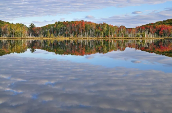 Council Lake 'in sonbahar manzarası sakin sulardaki ağaçların ve bulutların yansımaları, Hiawatha Ulusal Ormanı, Michigan' ın Yukarı Yarımadası, Usa