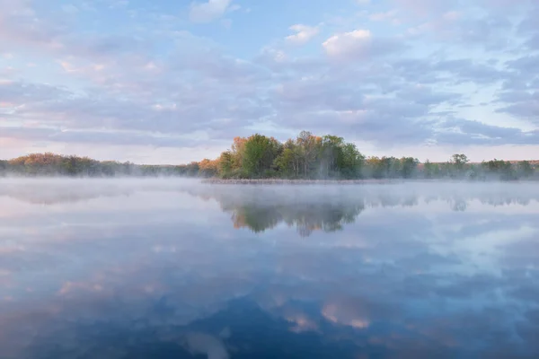 Landscape Sunrise Foggy Spring Shoreline Whitford Lake Reflections Calm Water — Stock Photo, Image