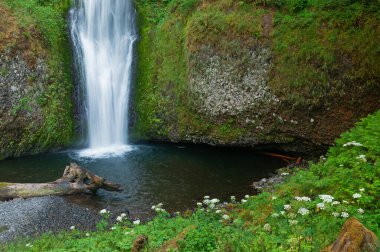 Lower Multnomah Falls 'un yaz manzarası hareket bulanıklığı ile çekildi, Columbia River Gorge, Oregon, ABD