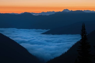 Şafakta dağ manzarası, Şelale Dağları, Mt. Ranier Ulusal Parkı, Washington, ABD