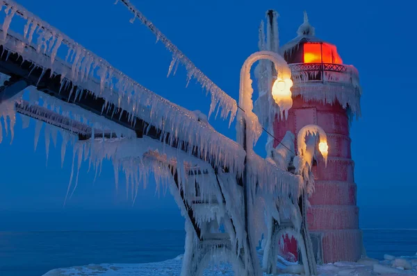 Winter Landscape South Haven Michigan Lighthouse Catwalk Encased Ice Dawn — Stock Photo, Image