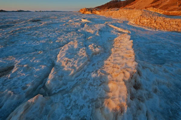 Winterlandschap Van Bevroren Kustlijn Van Lake Michigan Bij Zonsondergang Saugatuck — Stockfoto