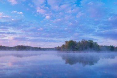 Sisin şafağında manzara, Whitford Gölü 'nün ilkbahar kıyısı sakin sularda yansıyor, Fort Custer State Park, Michigan, ABD