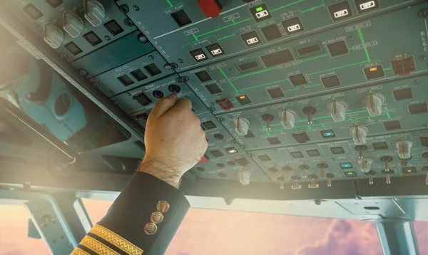 Pilot Pushing Buttons Commercial Plane Cockpit — Stock Photo, Image