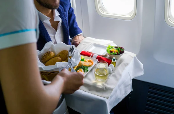 Bandeja Comida Avião Viagem Classe Executiva — Fotografia de Stock