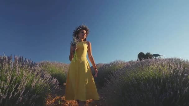 Mooie vrouw in gele jurk wandelen in lavendelveld — Stockvideo