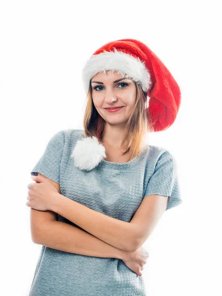 Mujer joven en sombrero de Santa sobre fondo blanco —  Fotos de Stock