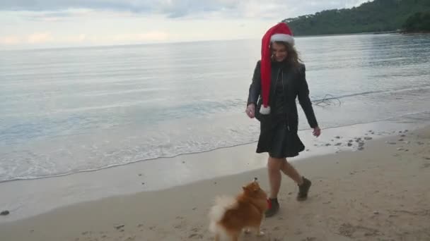 Mujer joven bailando con Pomeranian Spitz Ambos en sombreros de Santa — Vídeos de Stock