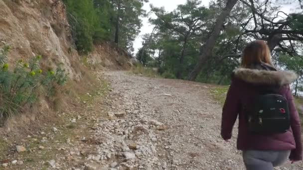 Молода жінка гуляє в горах — стокове відео