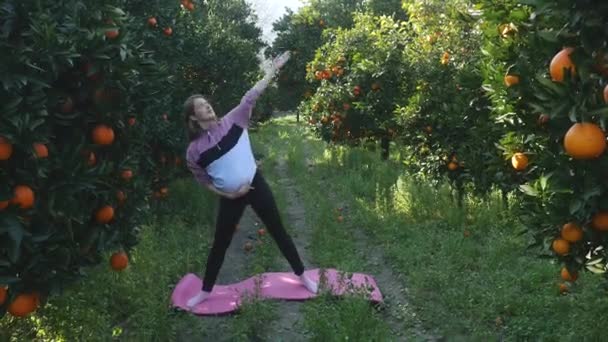Pregnant woman making stretching exercises outdoors — Stock Video
