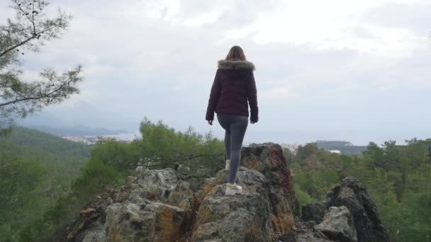 年轻的女人举手站在悬崖的尽头 — 图库视频影像