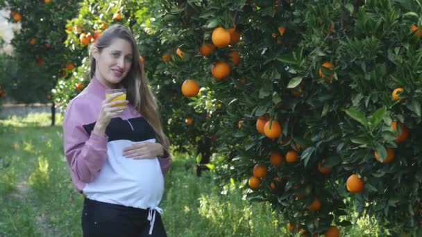 Gravid kvinna med glas apelsinjuice utomhus — Stockvideo
