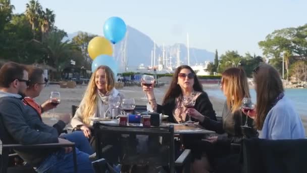 Amigos cenando cerca del mar — Vídeos de Stock