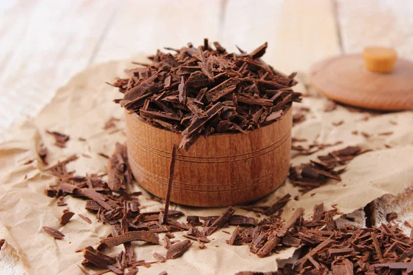 Chocolate Shavings Wooden Bowl Light Background — Stock Photo, Image