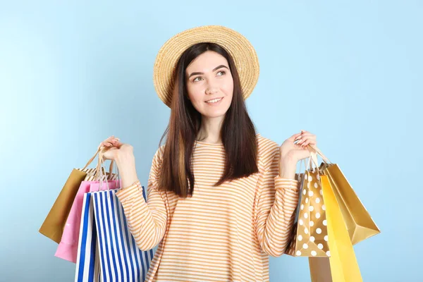 Beautiful Young Girl Paper Bags Shopping Colored Background — Stock Photo, Image