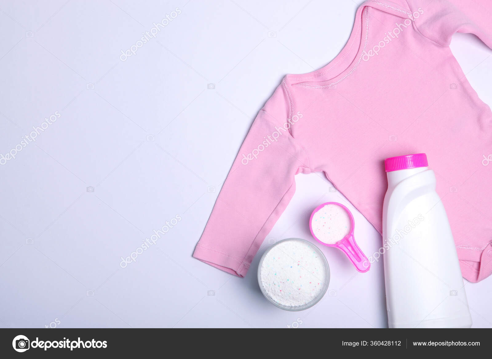 Baby Clothes Detergents Colored Background Top View Concept Washing