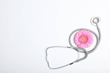 Gerbera ve steteskop renkli arka plan görüntüsünde. Kadın sağlığı ve jinekolojisinin sembolü.