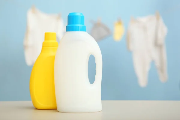 Baby Clothes Detergents Table Baby Clothes Care Concept — Stock Photo, Image