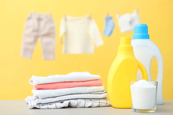 Baby Clothes Detergents Table Baby Clothes Care Concept — Stock Photo, Image