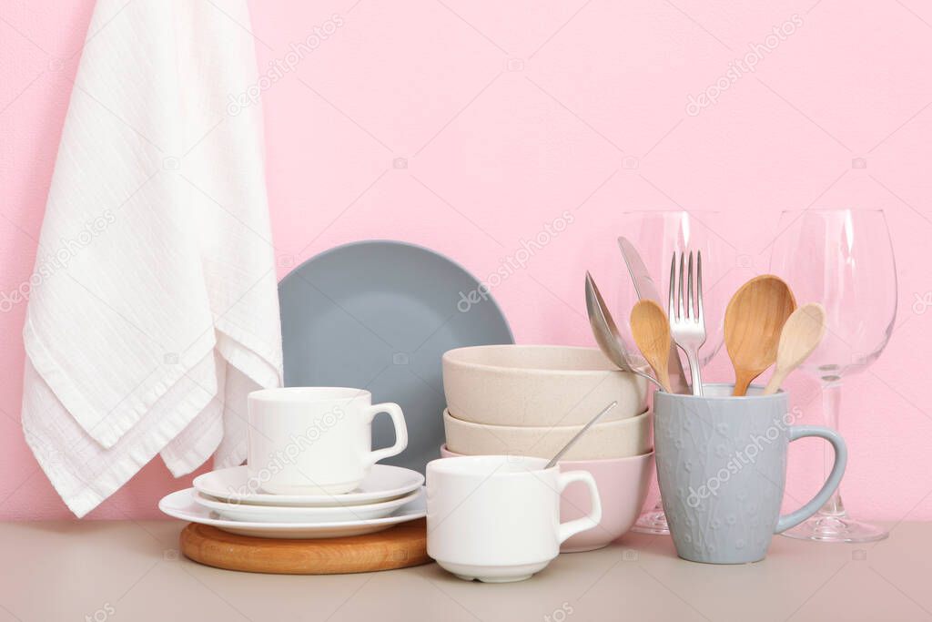 a set of tableware on the table. Composition in the style of minimalism from the kitchen utensils.