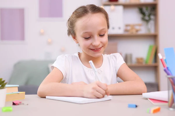 Cute Little Girl Doing Homework Interior Room — Stock Photo, Image