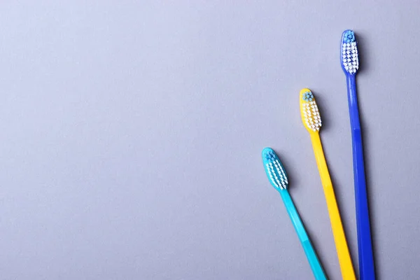 Toothbrushes Colored Background Top View Oral Hygiene — Stock Photo, Image