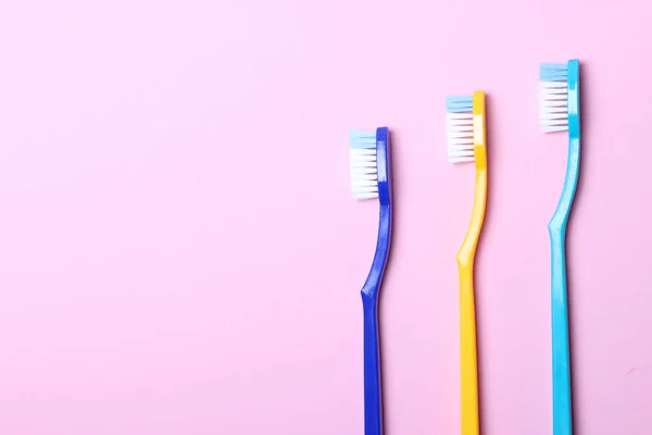 Toothbrushes Colored Background Top View Oral Hygiene — Stock Photo, Image