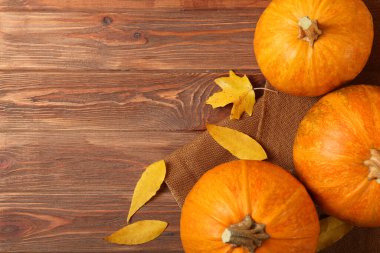 Renkli bir arkaplan görünümünde yapraklar ve balkabaklarıyla sonbahar arkaplanı. Şükran Günü konsepti.